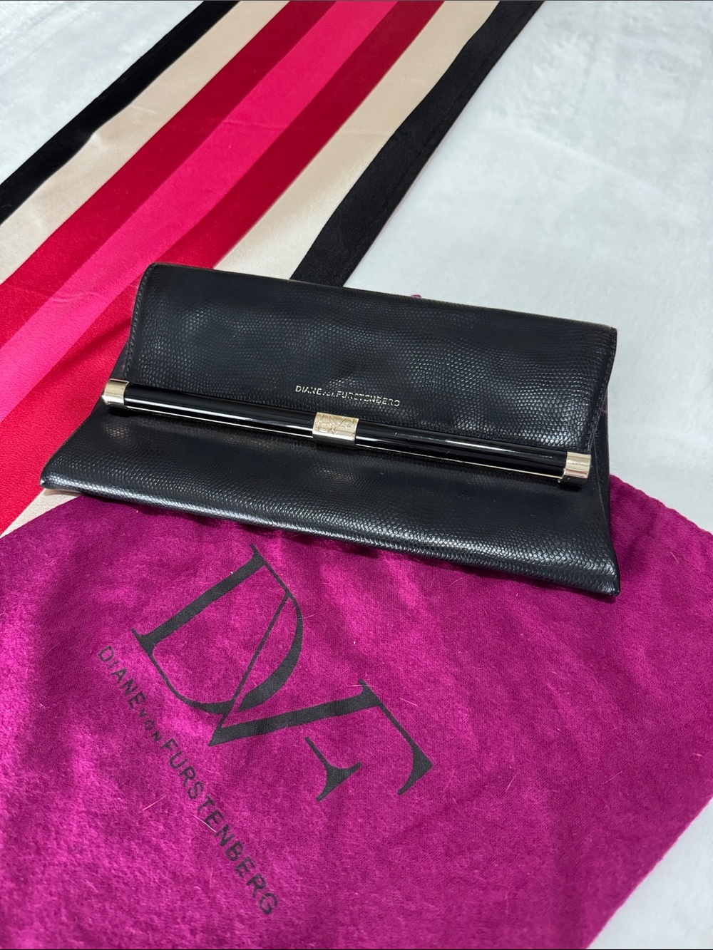 Diane Von Furstenberg Black Leather Foldover Clutch with Gold-Tone Bar